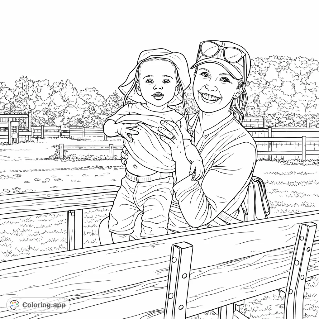 Capture a heartwarming moment of a smiling mother holding her child outdoors. A perfect family bonding coloring page for all ages to enjoy.