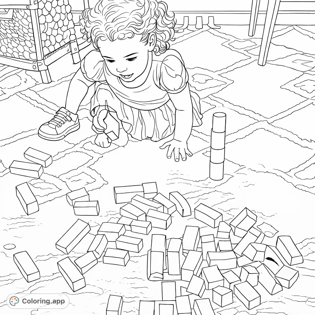 A delightful coloring page showing a young child engaged in building with numerous geometric blocks on a patterned floor, encouraging imaginative play.