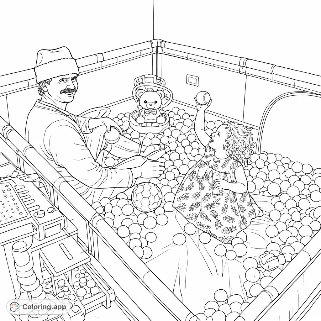 Join a cheerful man and child in a bustling ball pit, surrounded by countless spheres and playful toys. A delightful family scene perfect for creative expression.