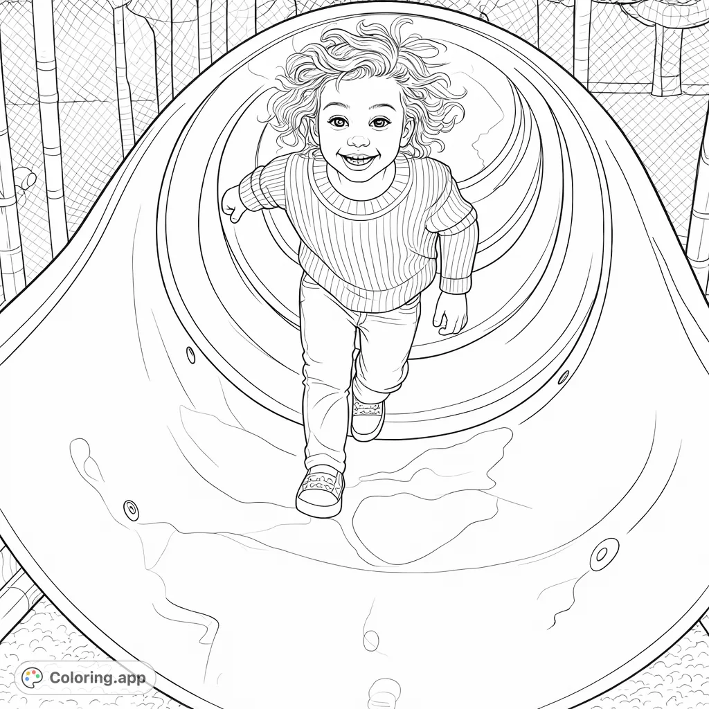 A joyful child with curly hair smiles while standing inside a playground tunnel, surrounded by mesh and play structures. Perfect for young colorists!