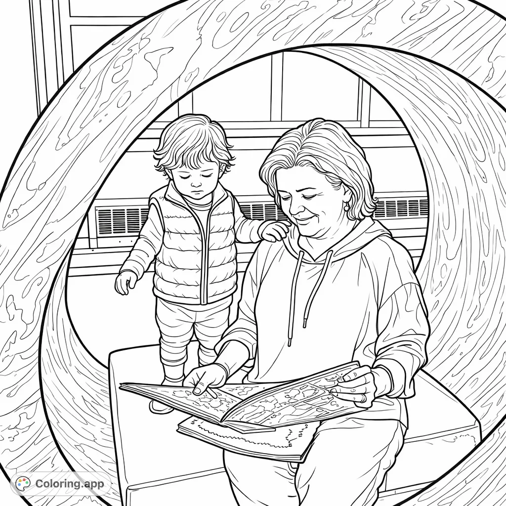 A heartwarming coloring page depicting an adult reading a book to a child, nestled within a unique sculptural seat, perfect for quiet moments and bonding.