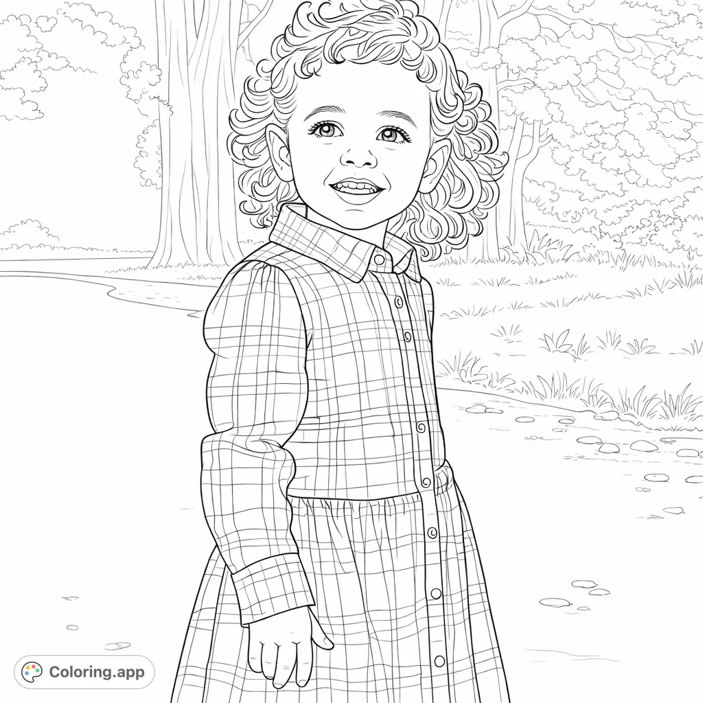 Capture the charm of a sweet child with curly hair and a plaid dress, exploring an outdoor path. This delightful coloring page offers intricate details for a rewarding artistic experience.