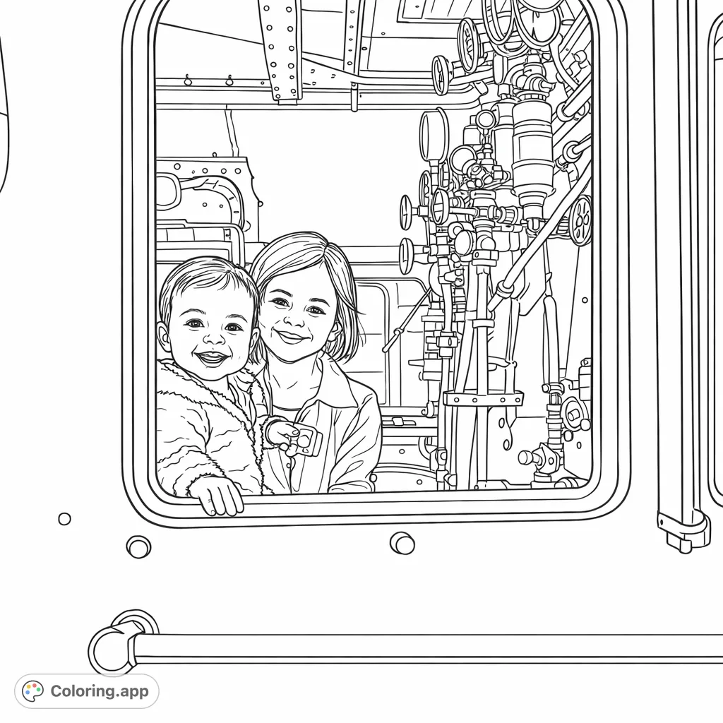 Explore a detailed train cabin scene with an adult and child smiling from the window. Perfect for train enthusiasts and family-themed coloring fun.