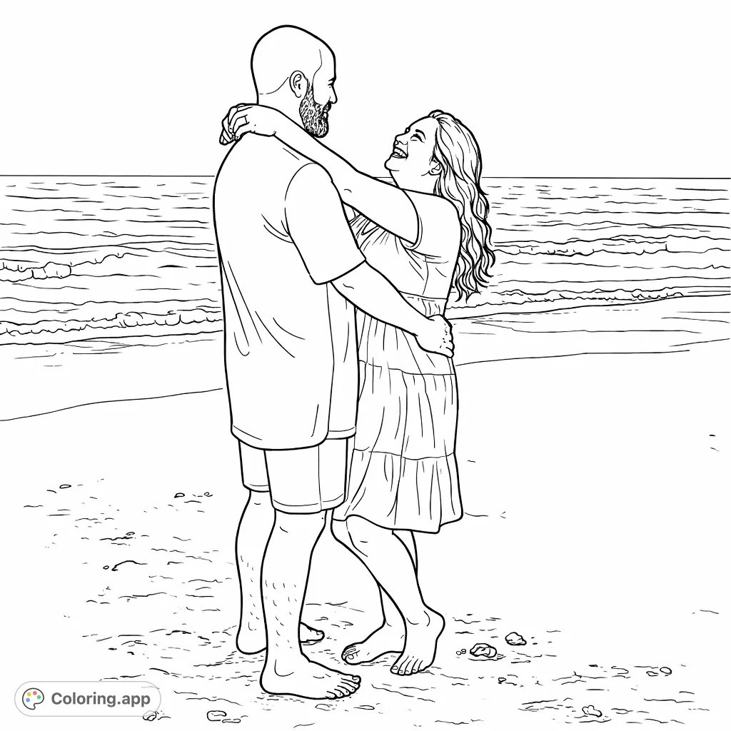 Capture a heartwarming moment of a couple embracing on a sunlit beach with gentle waves. A perfect scene for celebrating love and tranquility.