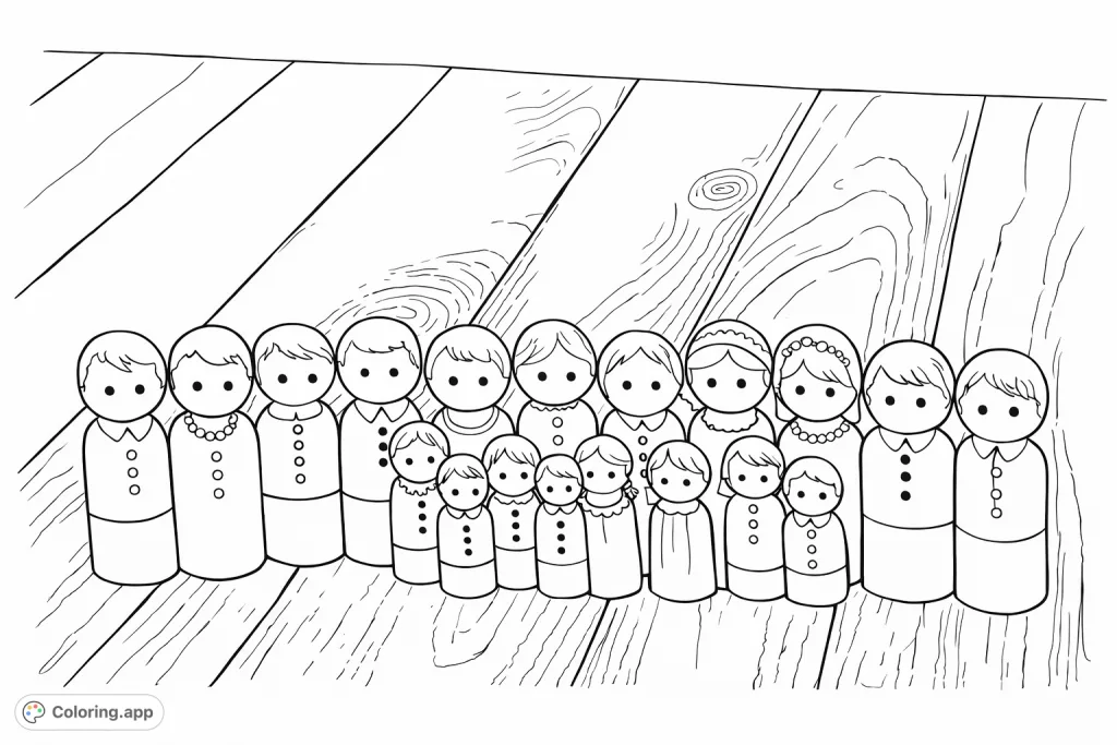 A delightful collection of wooden peg dolls, depicting a diverse group of figures. Perfect for imaginative play and creative coloring, bringing each unique character to life.