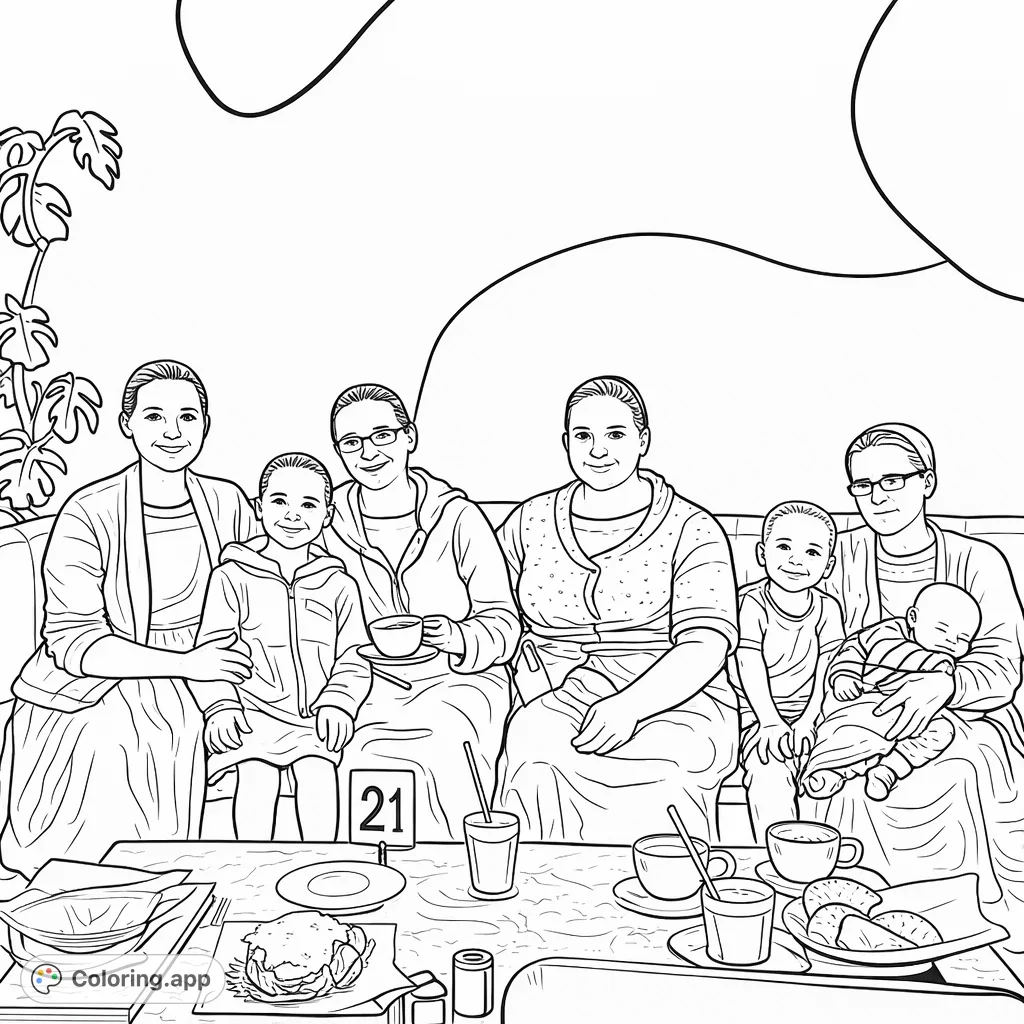 A heartwarming scene of a family and friends gathered at a cafe, enjoying drinks and pastries. Perfect for a relaxing coloring experience.