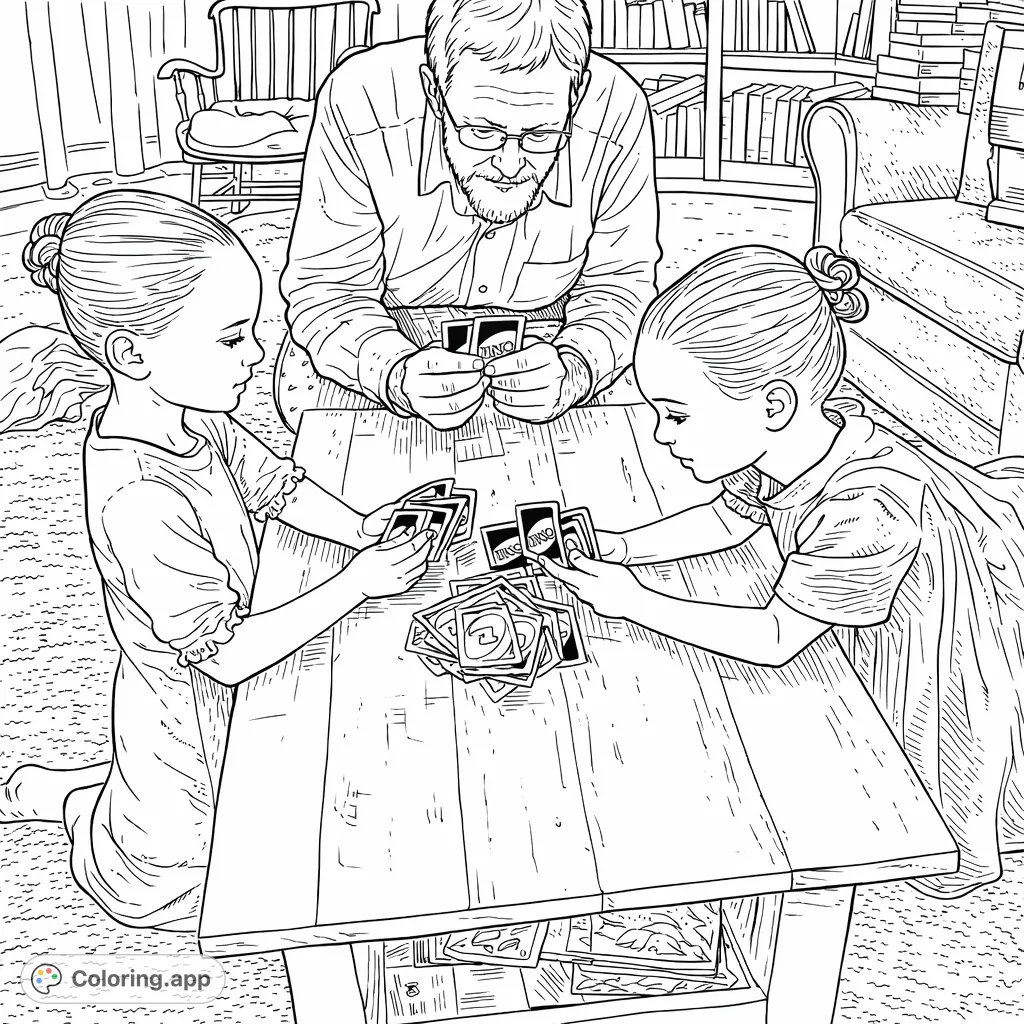 A heartwarming family card game scene with an adult and two children, perfect for a cozy afternoon coloring session. Enjoy detailing the cards and expressions!