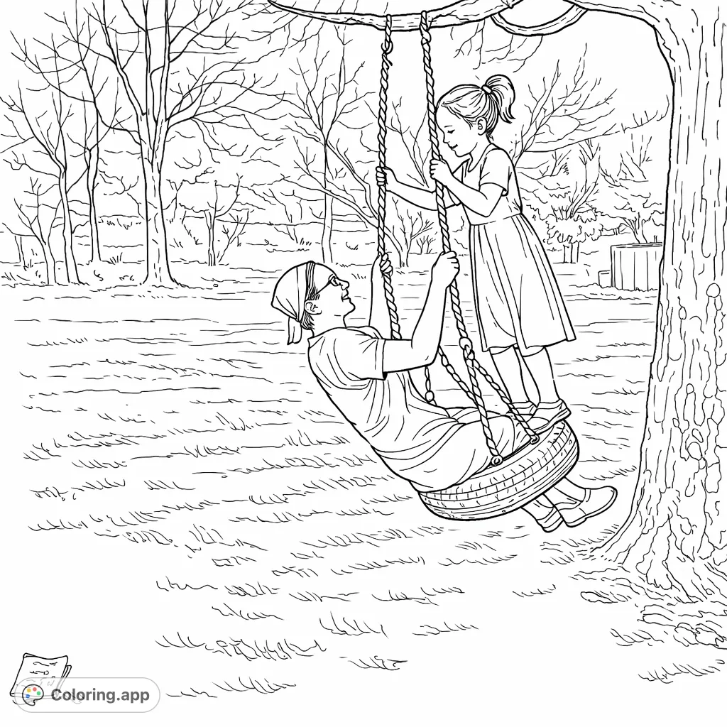 Enjoy a heartwarming family scene with an adult and two children on a tire swing. A delightful outdoor play moment perfect for all ages.