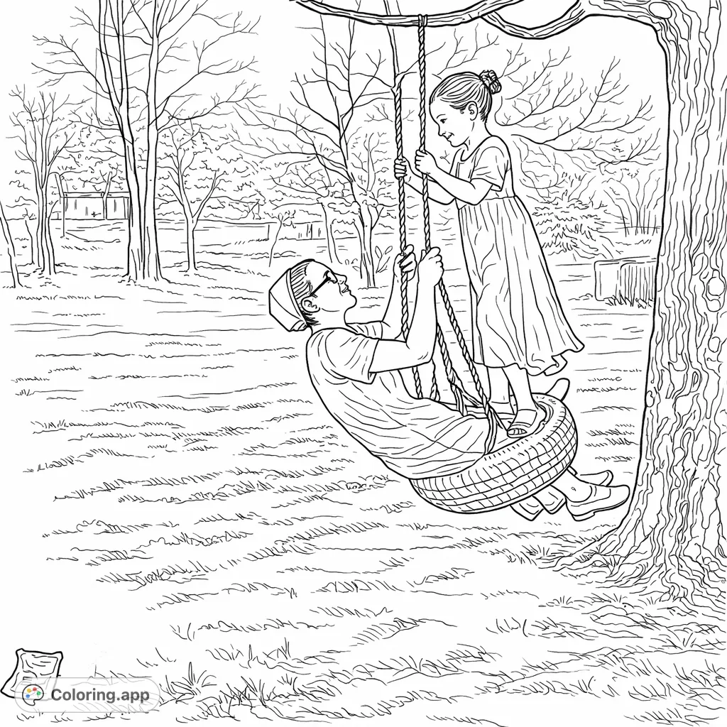 A heartwarming scene of a woman and two girls enjoying a tire swing under a large tree, surrounded by a peaceful outdoor setting.