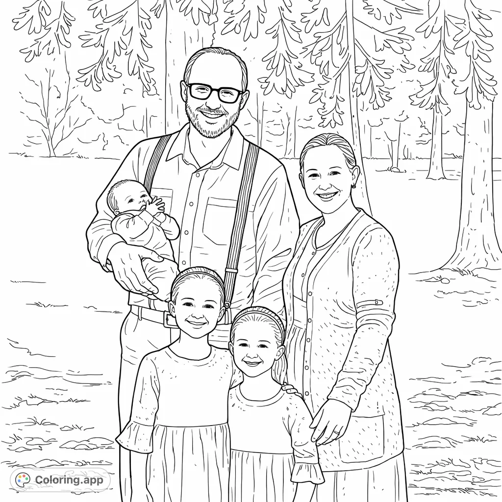 A heartwarming family portrait featuring parents, two daughters, and an infant, smiling together in a peaceful outdoor setting with trees. Perfect for all ages.