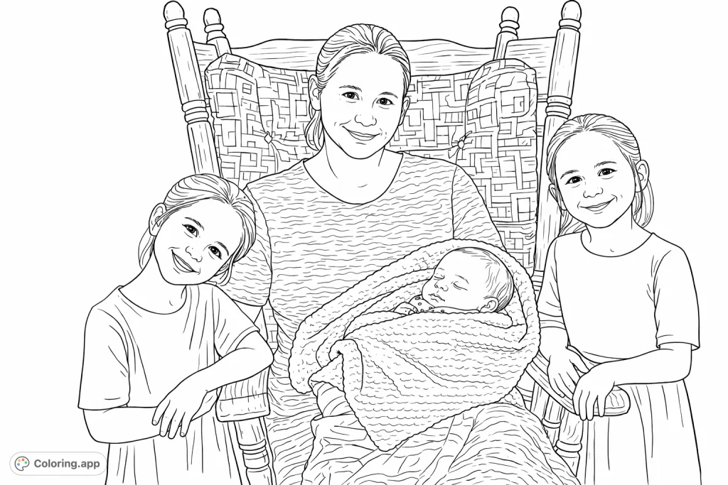 A heartwarming family scene featuring a mother with her newborn and two smiling daughters. Perfect for celebrating new arrivals and family bonds.