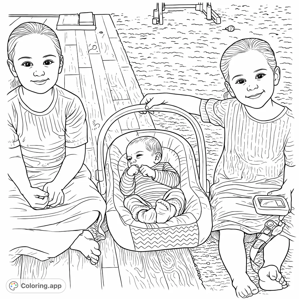 Two smiling sisters welcome their newborn sibling, nestled in a carrier between them. A heartwarming family scene ready for creative coloring.