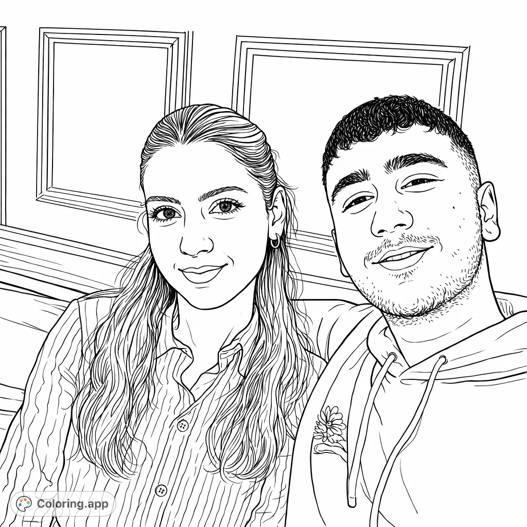 A heartwarming portrait of a young couple, perfect for personalizing. Features detailed clothing, hair, and a decorative background for a creative coloring experience.