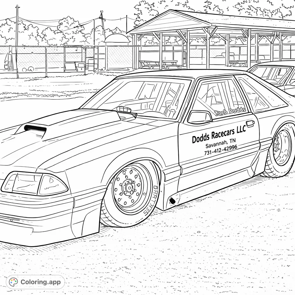 Unleash your creativity with this detailed race car coloring page. Featuring a modified classic, a hood scoop, wide tires, and a roll cage.