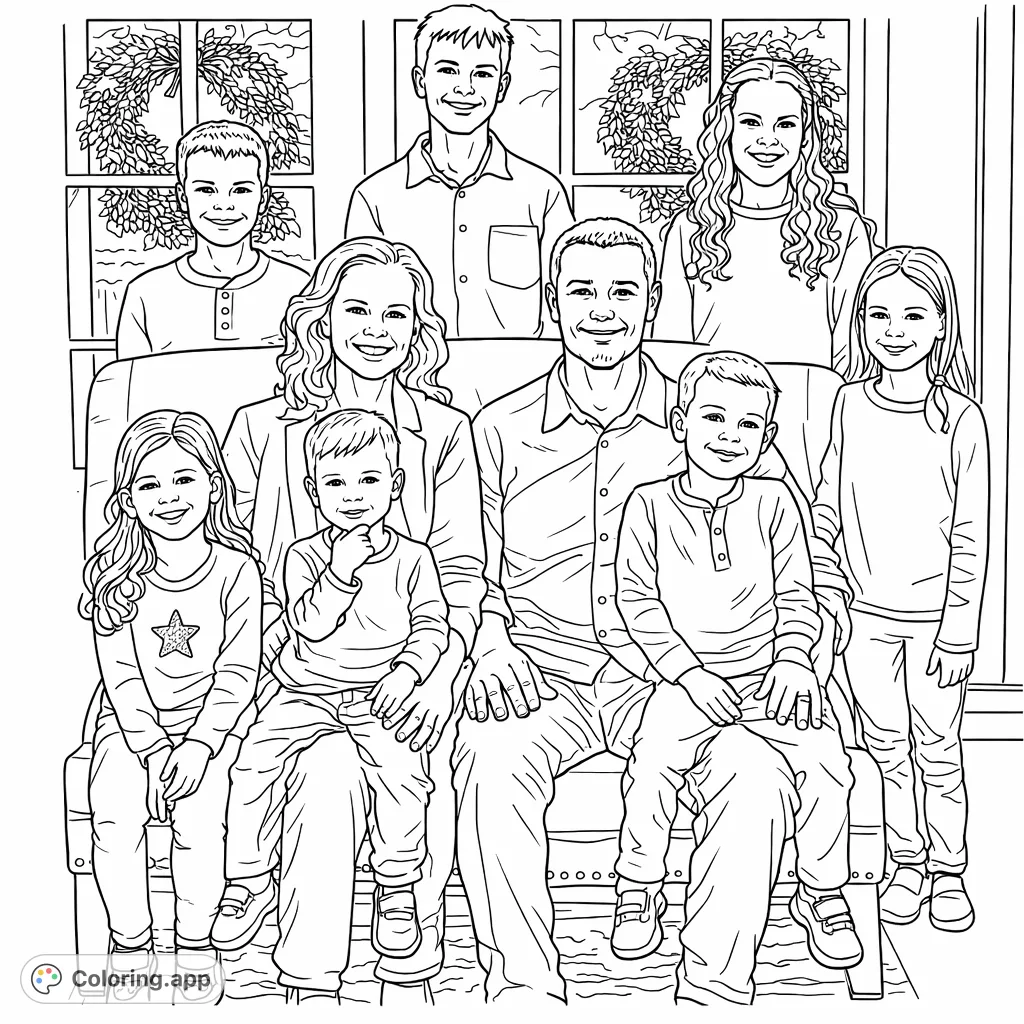 Capture the joy of a large family with this heartwarming portrait coloring page. Features a loving couple surrounded by their seven children, perfect for personalization.