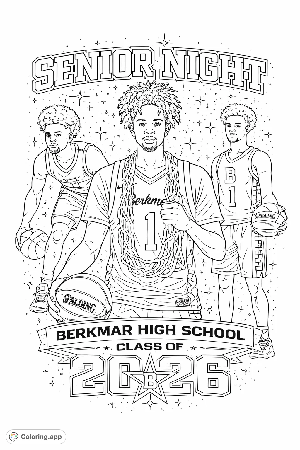 A dynamic basketball senior night coloring page featuring three players, ready for action against a cosmic background. Celebrate high school sports achievements.
