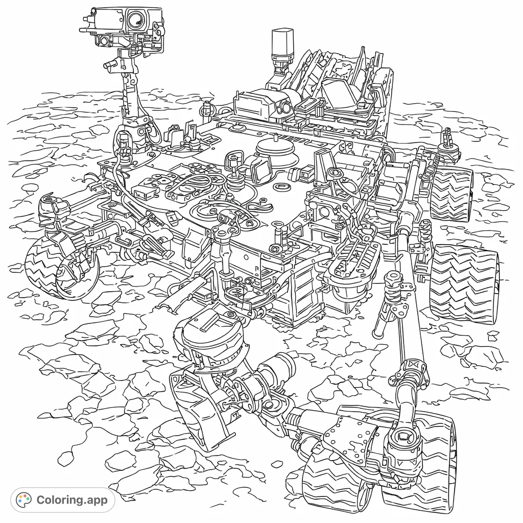 Explore the detailed mechanics of a space exploration rover on a rugged alien landscape, perfect for science and technology enthusiasts.