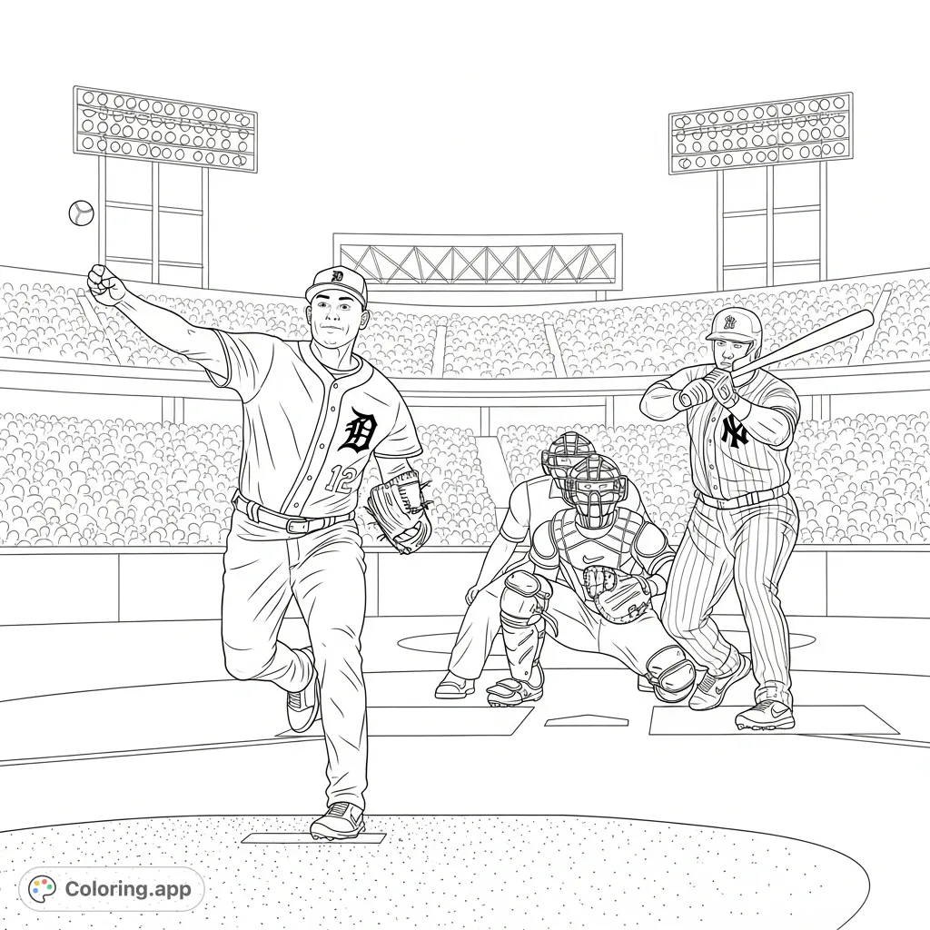 Experience an intense baseball moment with Tarik Skubal pitching against Aaron Judge. Capture the thrilling action of a missed swing and a perfect pitch.