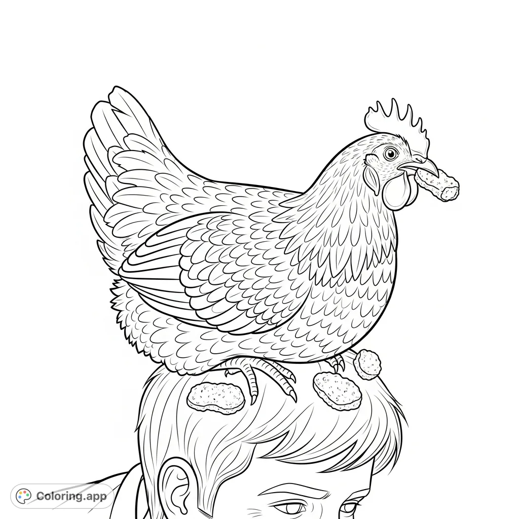 A hilarious coloring page featuring a chicken playfully perched on a person's head, enjoying chicken nuggets. A uniquely funny and free printable coloring page!