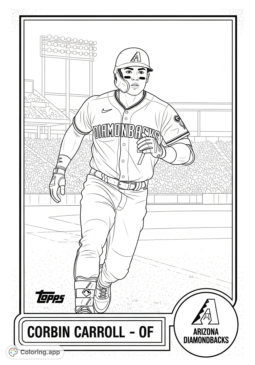 Color a dynamic Corbin Carroll vintage baseball card coloring page, featuring the player sprinting in his Diamondbacks uniform with classic card details.