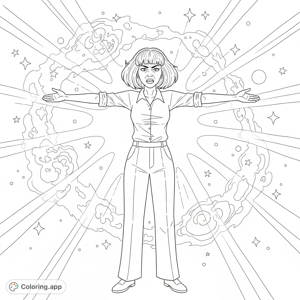 An exasperated 'Karen' strikes a definitive T-pose amidst swirling cosmic energy in this unique coloring page, blending humor and the ethereal.