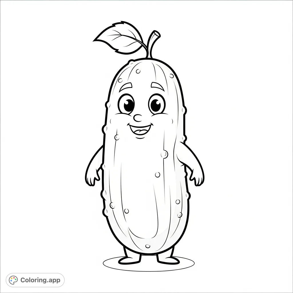 An adorable cartoon pickle with large, expressive eyes and a friendly smile. This free printable pickle coloring page offers simple shapes for joyful coloring fun.
