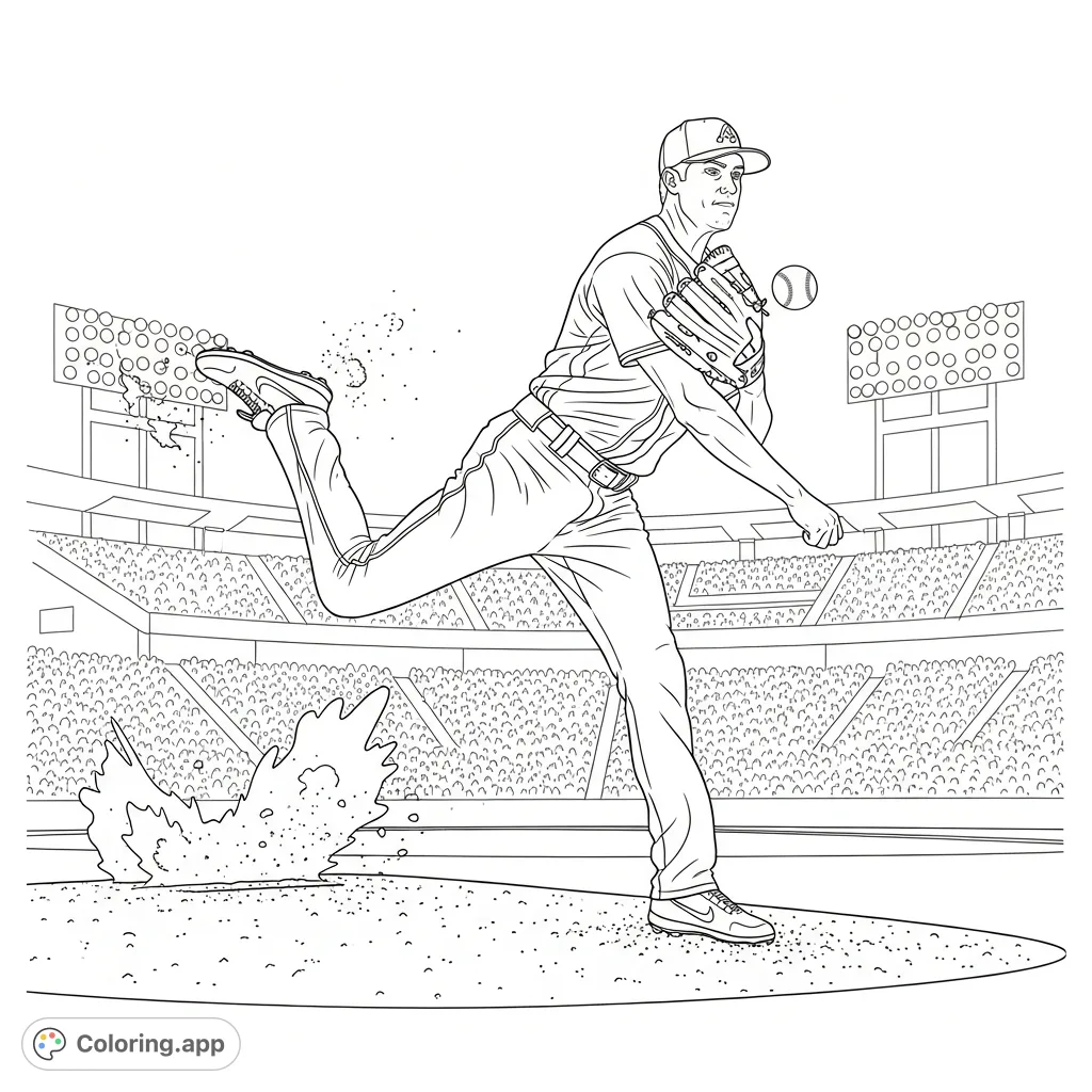 Capture the raw power of a professional baseball pitcher mid-fastball delivery on a Major League mound. Intense action for a thrilling coloring experience.