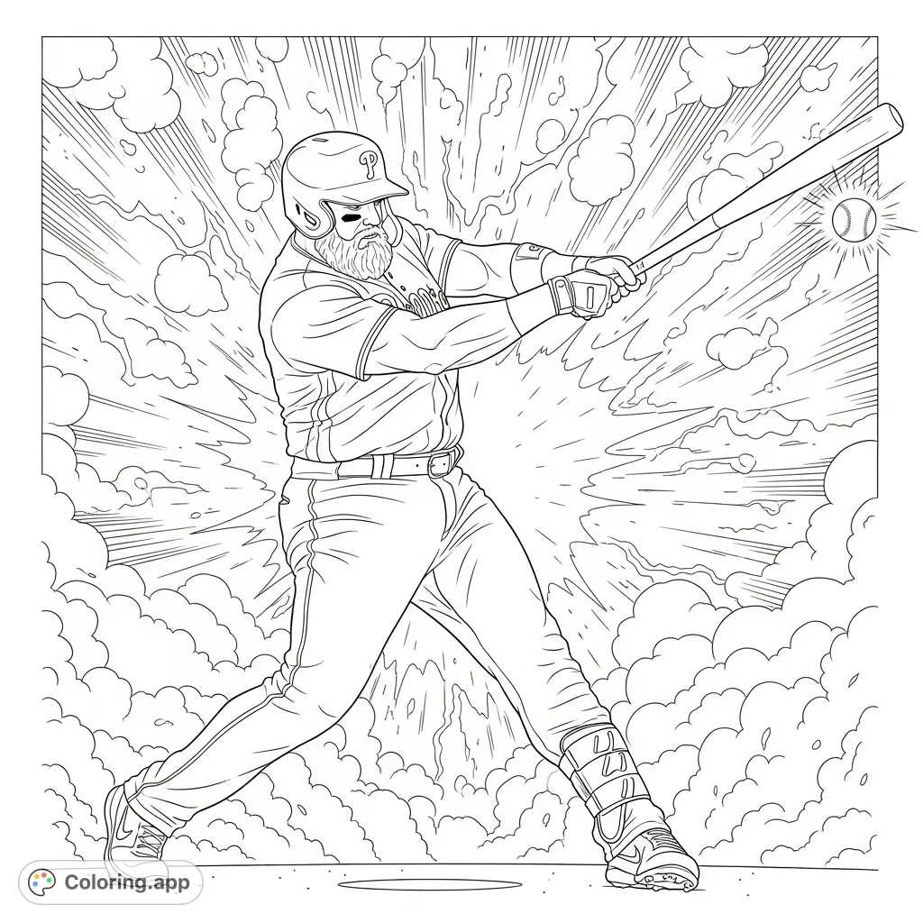 Capture the raw power of Kyle Schwarber with this dynamic Philadelphia Phillies coloring page. A mighty swing amidst an explosive, abstract background awaits your creative touch.