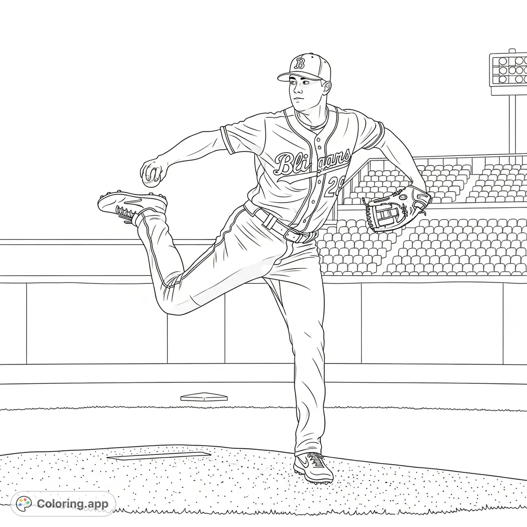 Capture Tarik Skubal in a dynamic pitching pose within a baseball stadium. This free printable Tarik Skubal coloring page is perfect for sports fans!