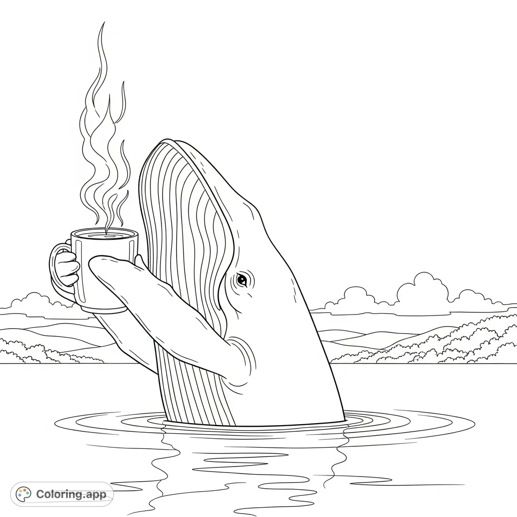 A whimsical whale enjoys a giant mug of coffee while floating peacefully in a vast lake. A delightful and unique scene for a free printable coloring page.