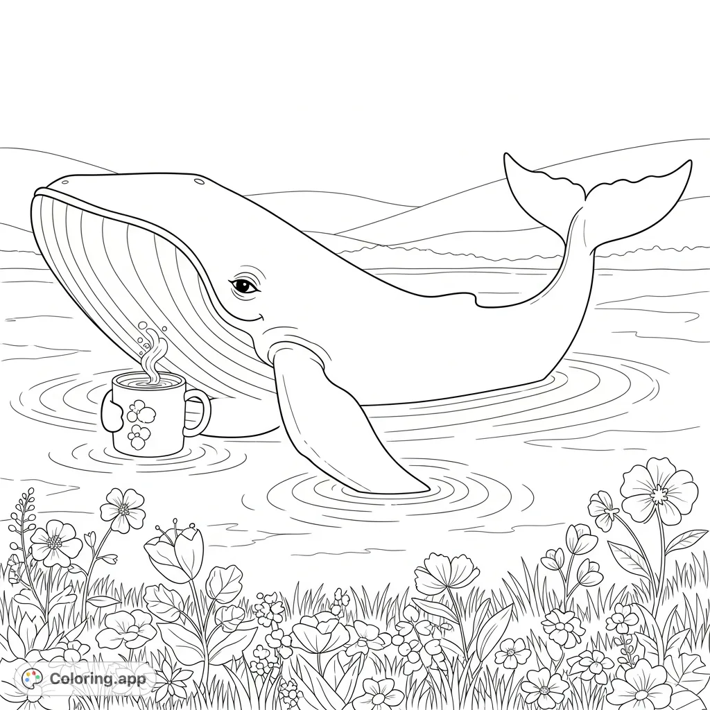 Dive into a whimsical scene featuring a blue whale enjoying coffee in a serene lake, surrounded by lovely flowers. A unique, free printable coloring page for all ages.