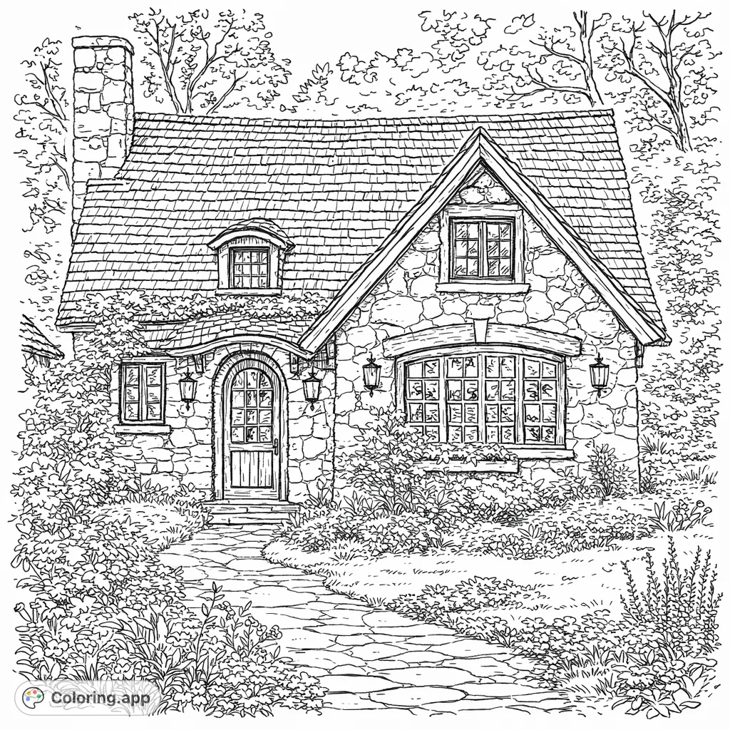 Escape to a charming stone cottage nestled in a flourishing garden. This intricate coloring page invites you to bring a detailed, picturesque scene to life.