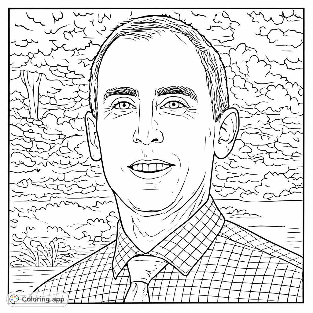 A distinguished man in a checkered shirt and patterned tie. This portrait offers a sophisticated coloring experience for those who appreciate fine details and subtle textures.