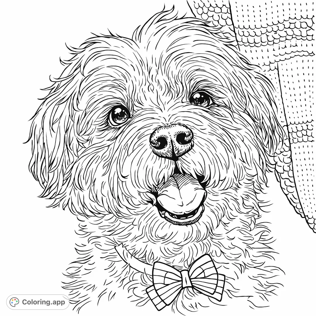 Capture the joyful spirit of a shaggy-haired dog with a charming bow in this delightful coloring page. Perfect for pet lovers and all ages!