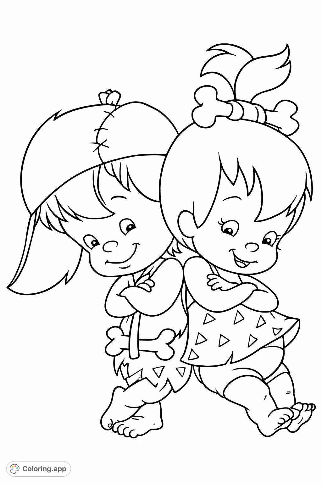 Adorable cartoon toddlers, one with a bone cap and the other with a bone hair tie, stand back-to-back, ready for a fun coloring adventure. Perfect for young fans!