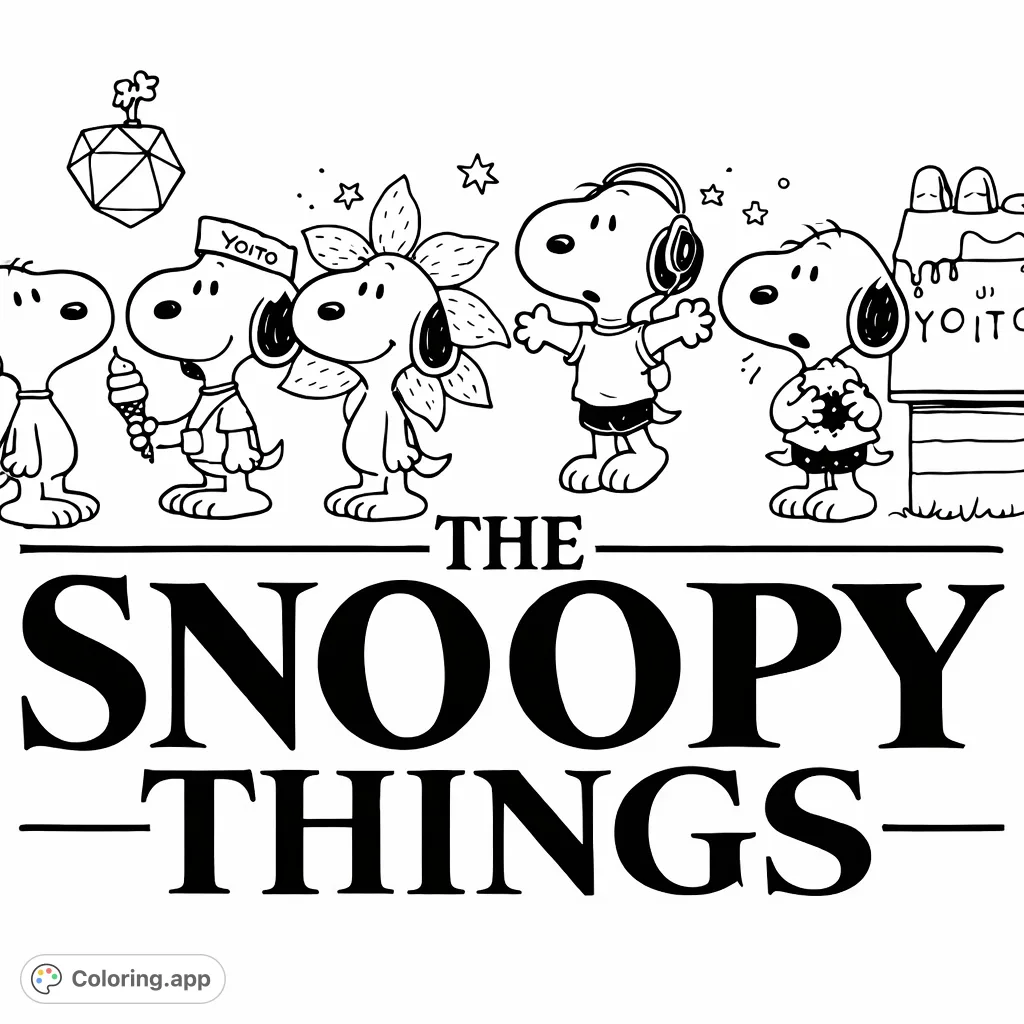 Join Snoopy and friends in a unique pop culture-inspired adventure! This detailed coloring page features beloved characters in distinct outfits and poses.