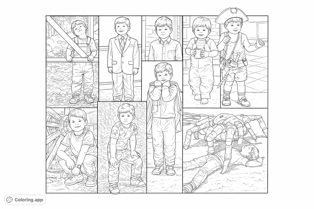 Explore a unique coloring page featuring a collage of life moments, from childhood playful scenes to a memorable interaction with a large spider sculpture.