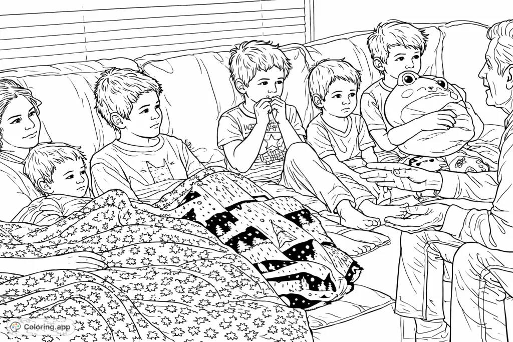 A heartwarming story time scene featuring children captivated by an elder's tale on a cozy sofa, complete with blankets and a plush frog friend. Perfect for all ages.