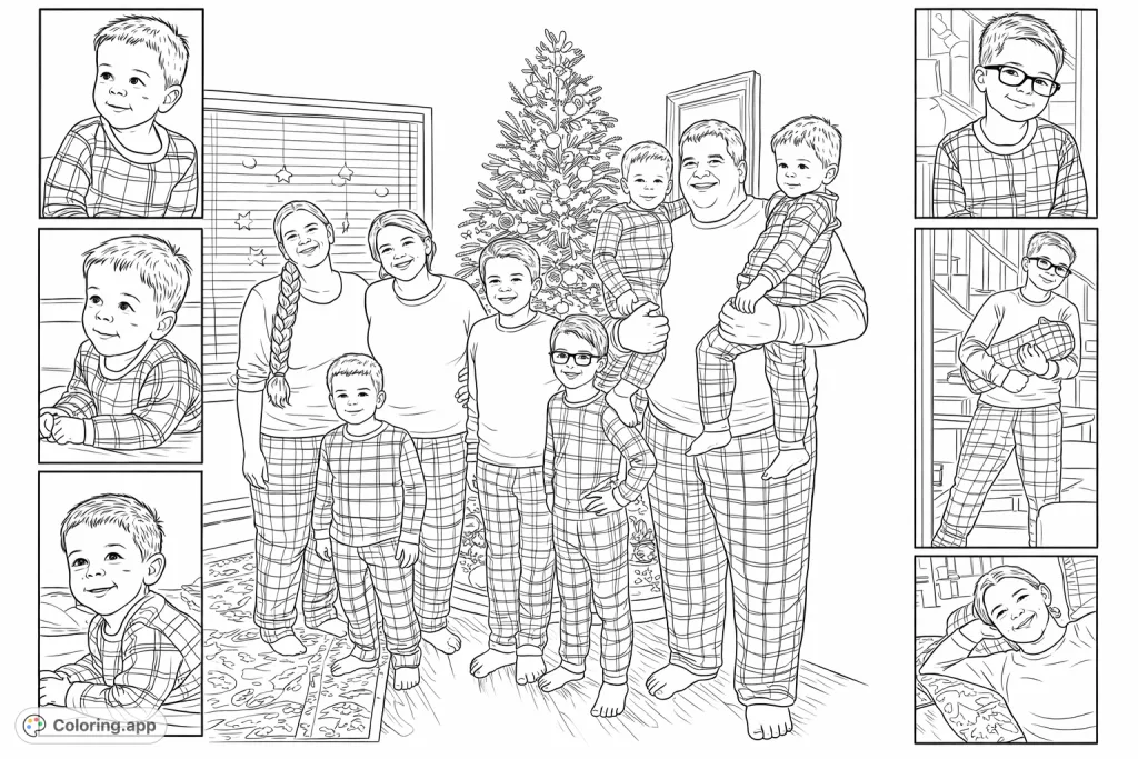 Celebrate togetherness with this festive family pajama coloring page! Features a large family in matching sleepwear by a decorated tree, perfect for holiday joy.