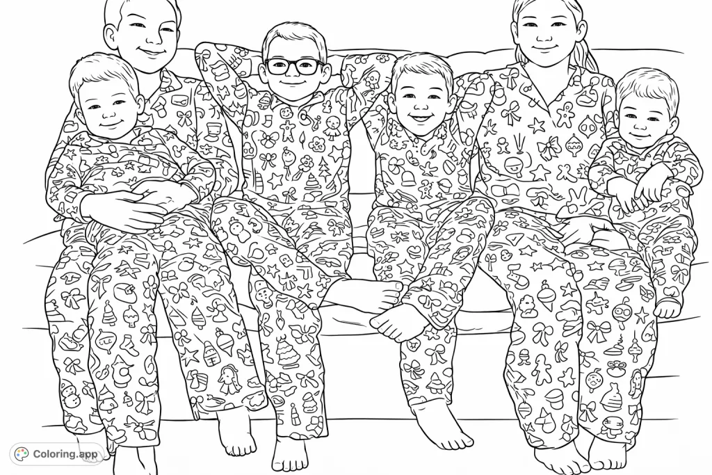 Six cheerful children in matching festive pajamas, full of holiday spirit and awaiting your creative touch. A heartwarming scene perfect for coloring fun.