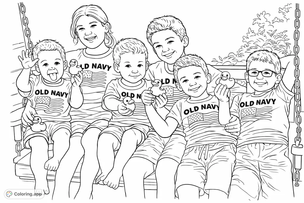 A joyful family of six children smiling and holding duck toys on a porch swing. Perfect for a family fun coloring page.
