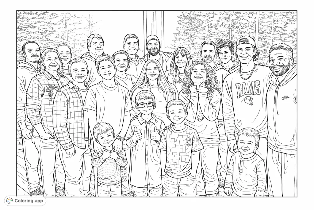 A heartwarming group of family and friends, from children to adults, smiling together in an outdoor setting. Perfect for celebrating connections and community.