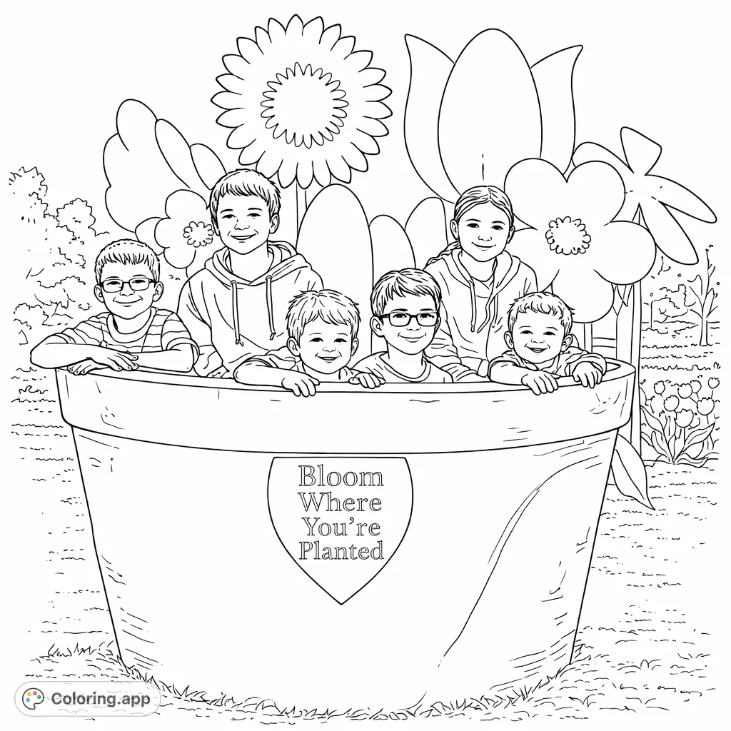 Six joyful children gathered inside a whimsical giant flowerpot, surrounded by playful oversized flowers in a garden scene. A delightful nature-themed coloring page for all ages.