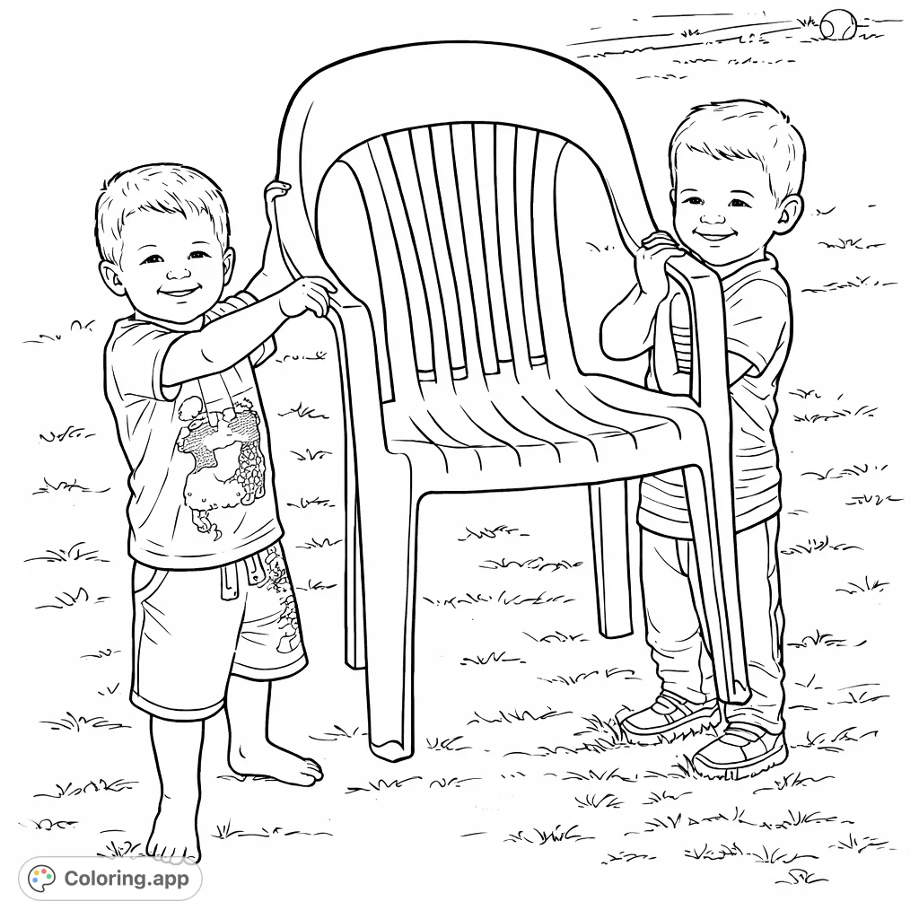 Two cheerful children stand on a sunny lawn, playfully holding a patio chair. A delightful scene for kids to color and personalize.