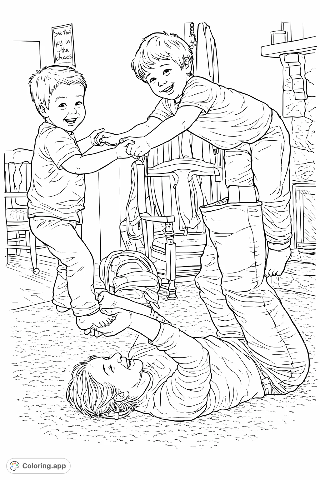 Enjoy a heartwarming family play scene with an adult and two children engaged in fun acrobatics. A joyful image perfect for creative coloring.