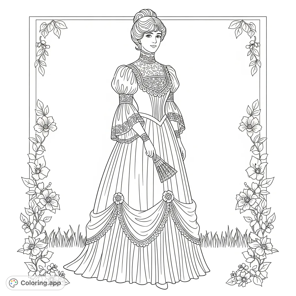 Step into history with this beautiful 1900s girl coloring page, featuring a woman in an exquisite, detailed gown and classic Gibson Girl hairstyle.