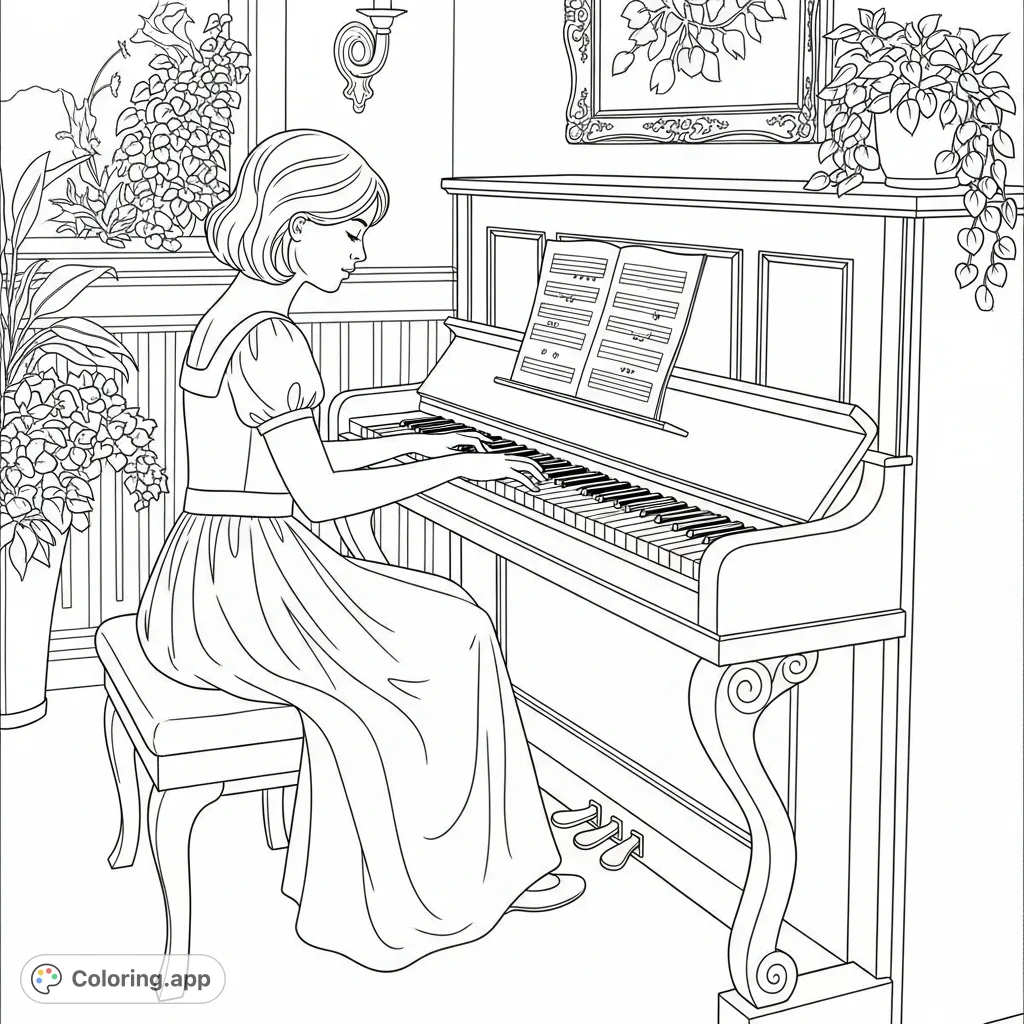 A charming girl in a simple dress plays a detailed piano, creating a peaceful scene perfect for a music-themed coloring page. Discover joy in every stroke!