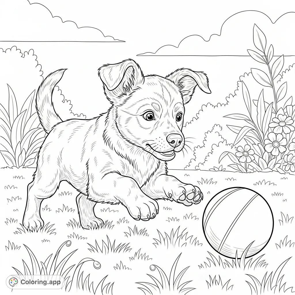 A charming, realistic puppy coloring page showing a lively dog pouncing on a ball on a grassy lawn. Capture its joyful energy and intricate fur detail.