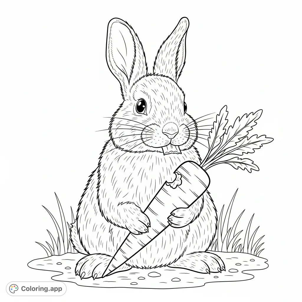 A charming free printable rabbit coloring page featuring a fluffy rabbit enjoying a fresh carrot, perfect for engaging kids and animal lovers.