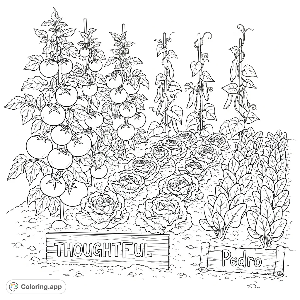 Discover a detailed vegetable garden coloring page featuring ripe tomatoes, climbing beans, leafy lettuce, and spinach, with the words 'thoughtful' and 'Pedro' visible.